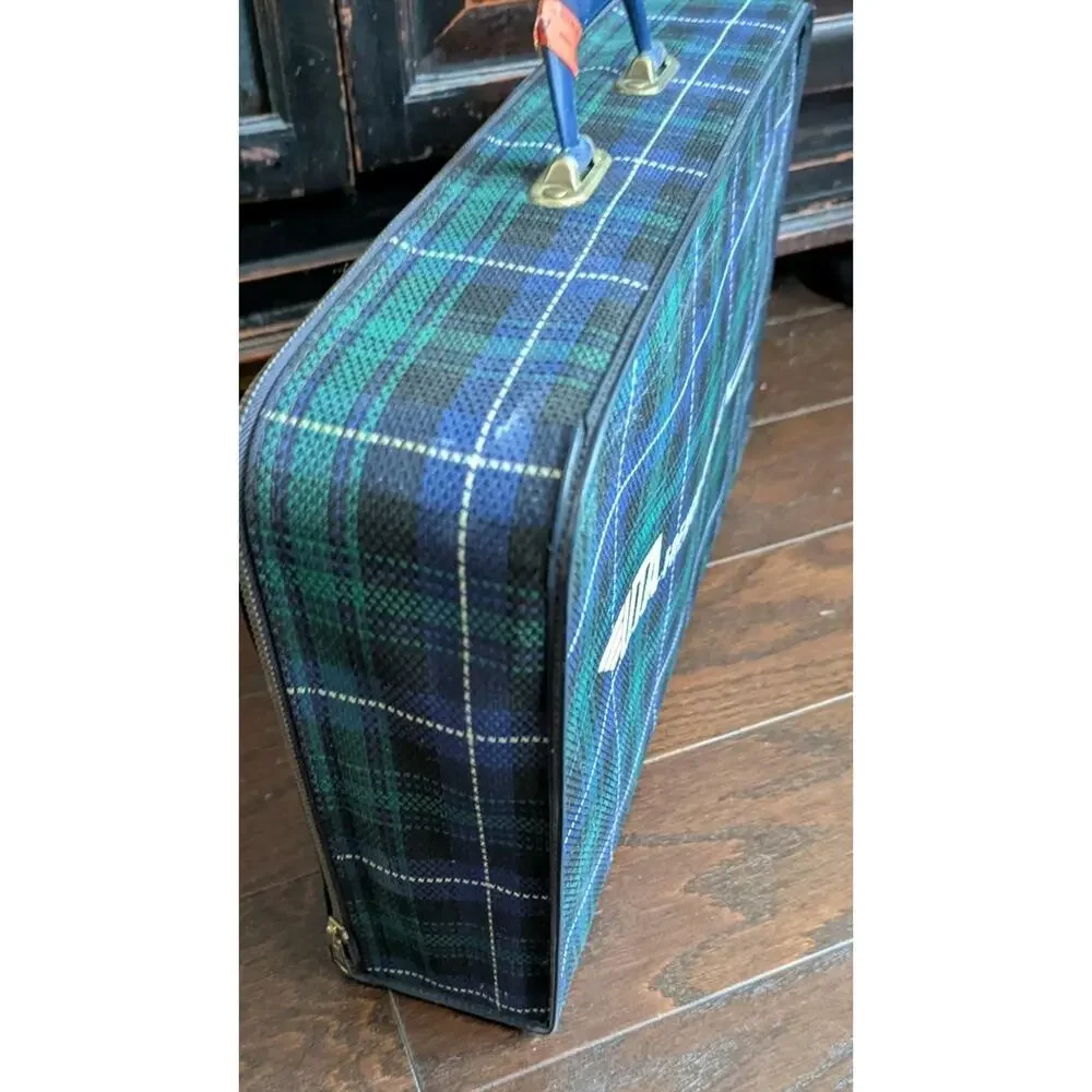 Vtg UTA French Airlines Cabin Suitcase Tartan Plaid Carry On Bag Small 1950s